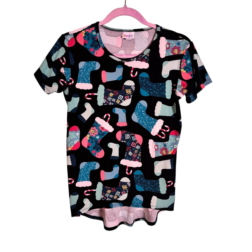 LuLaRoe Women's Size 10 Black Christmas Stockings Candy Cane Floral Print Shirt